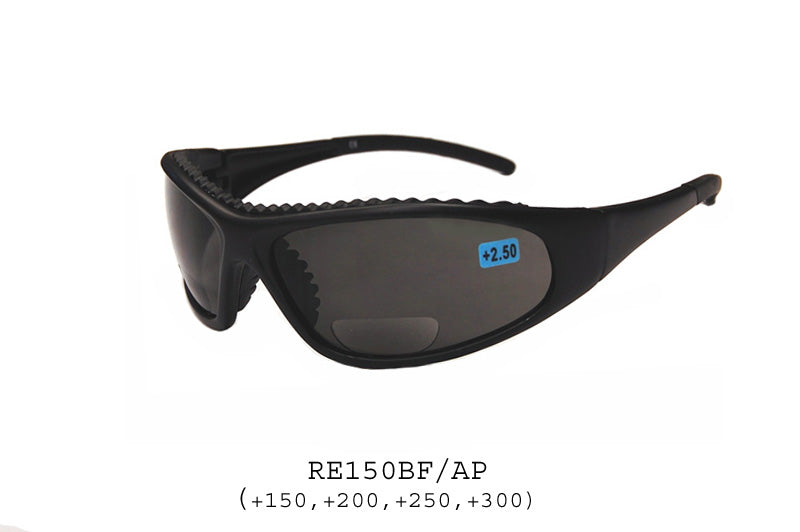 A pair of tinted bifocal sunglasses designed for both men and women, featuring a plastic frame. The lenses are darkened for sun protection while incorporating bifocal sections for reading. The style is modern and suitable for casual wear, reflecting a 2008 design.