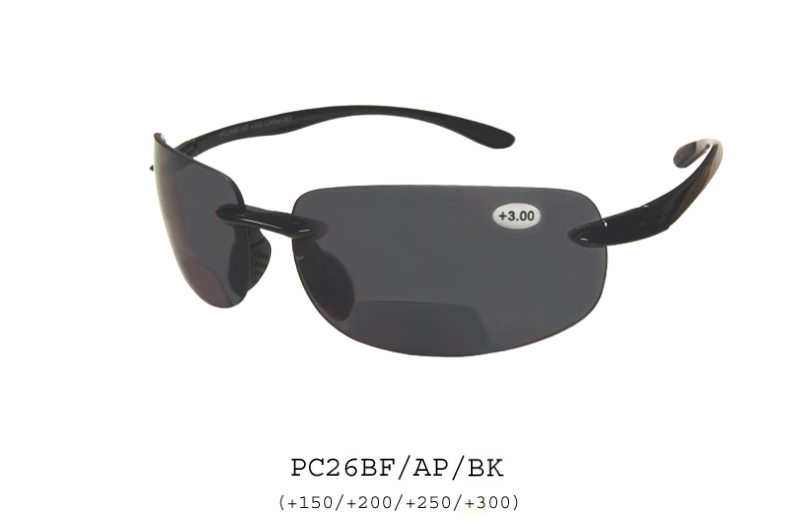 The image features a pair of tinted bifocal sunglasses labeled as PC26BF/AP/BK by APTCINC. The sunglasses have a stylish, modern design with a plastic frame. They are specifically designed for reading, combining functionality with UV protection. The lenses are tinted, suitable for outdoor use. The product is tagged as a best seller and part of a promotional campaign, indicating it may be a popular choice among readers looking for stylish eyewear.