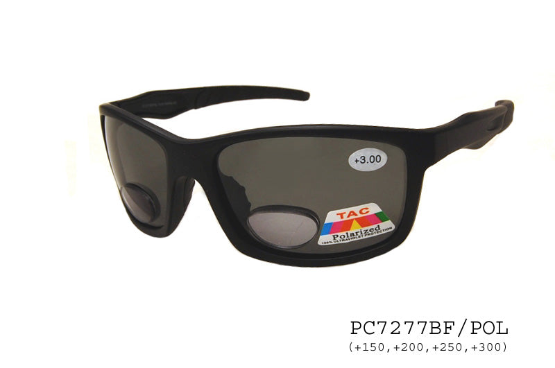 A pair of stylish polarized reader sunglasses with a sleek plastic frame. The lenses are tinted for glare reduction, designed for reading outdoors. The sunglasses feature a modern design suitable for both casual and sophisticated looks.