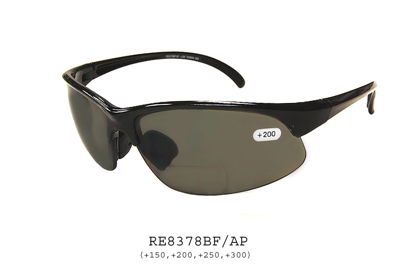Tinted bifocal sunglasses featuring a stylish frame design, suitable for reading outdoors. The lenses are tinted to reduce glare while providing bifocal magnification. The product is made from durable plastic and is part of a best-selling collection.
