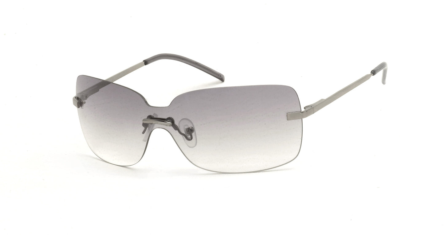 Women's wholesale fashion shield sunglasses with black acetate frame and dark polarized lenses, front view.