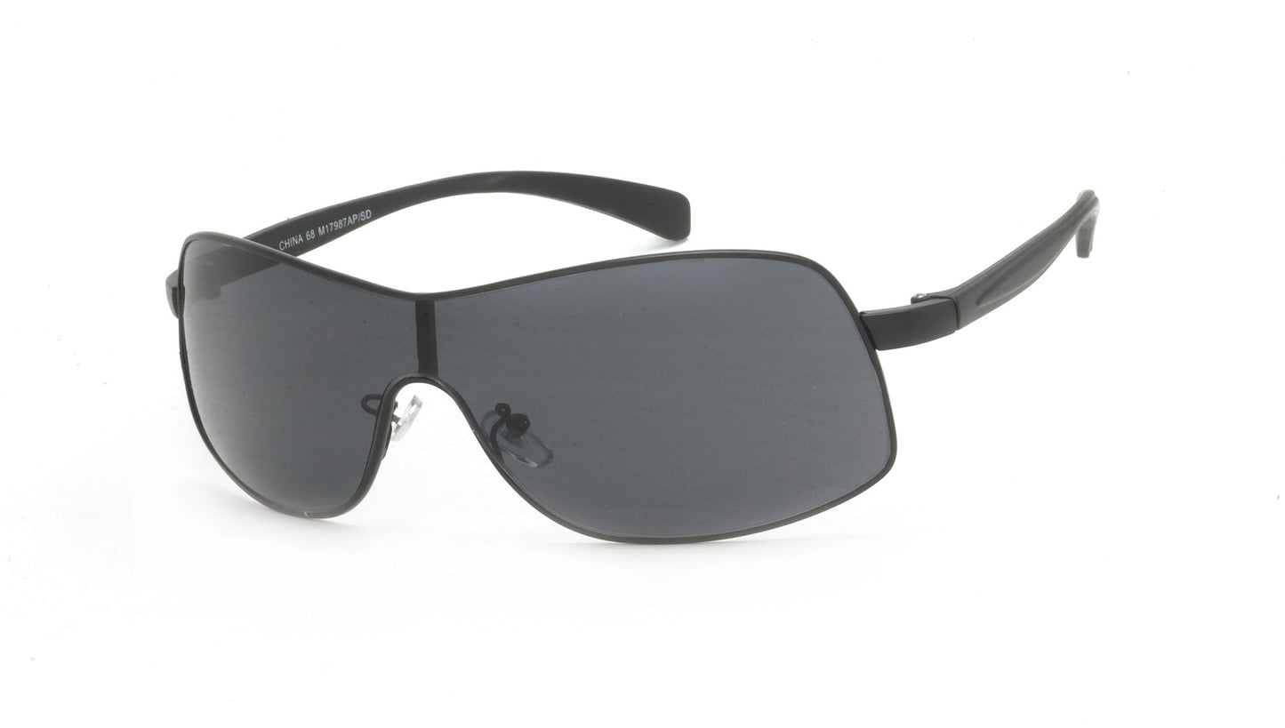 Men's wholesale fashion sunglasses with a shield frame, black acetate frame, and dark polarized lenses in a front view.
