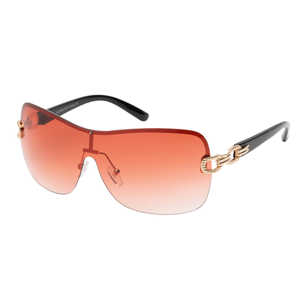 Wholesale fashion sunglasses with shield frame, metallic red color, and gradient lenses, part of 2023 new arrivals.