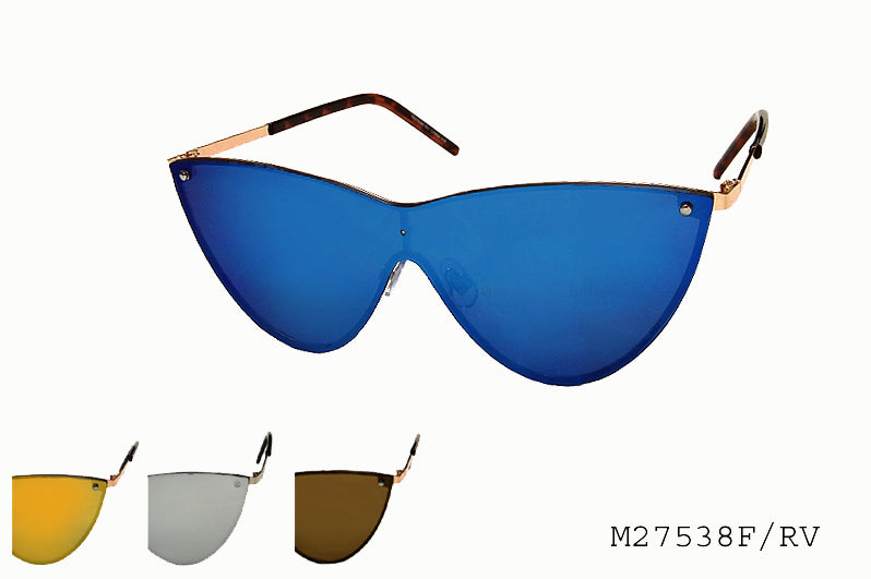Women's shield fashion sunglasses with a sleek metal frame and dark polarized lenses, part of Asia Pacific Glasses wholesale eyewear collection.