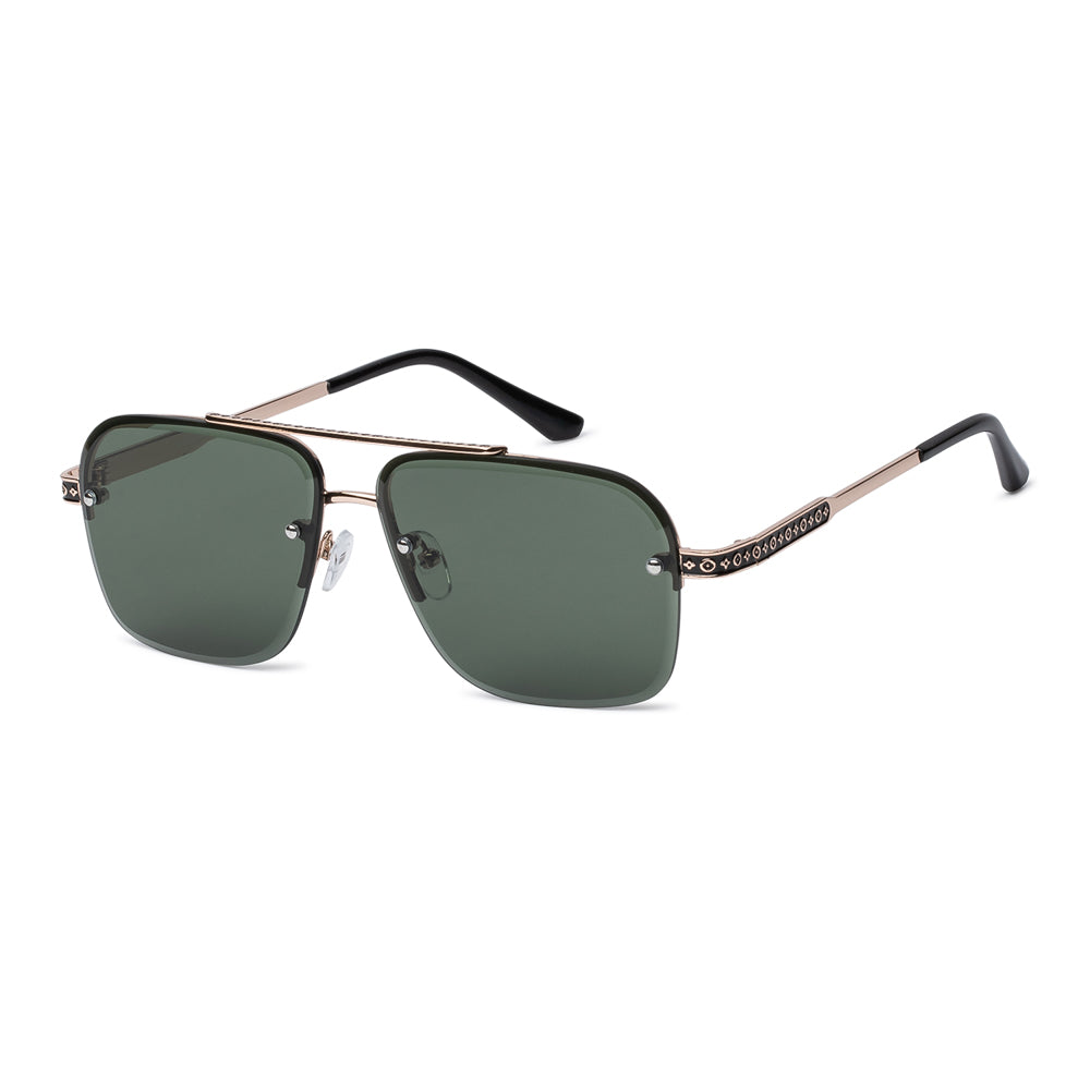 A pair of stylish aviator sunglasses with a metal frame, featuring square lenses. The design is sleek and modern, suitable for men's fashion. The sunglasses are part of the new arrivals collection for fall 2024 and are highlighted as a best seller for the year. The color scheme reflects fall tones, emphasizing a fashionable and trendy look.