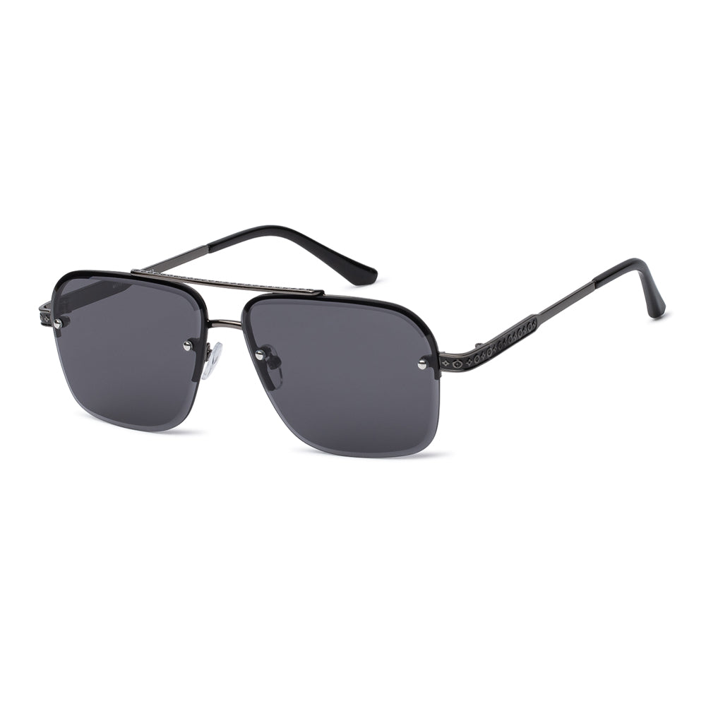 A pair of stylish aviator sunglasses featuring a sleek metal frame. The lenses are tinted, showcasing a contemporary square shape. The design is modern and fashionable, suitable for men's fashion trends in 2024.