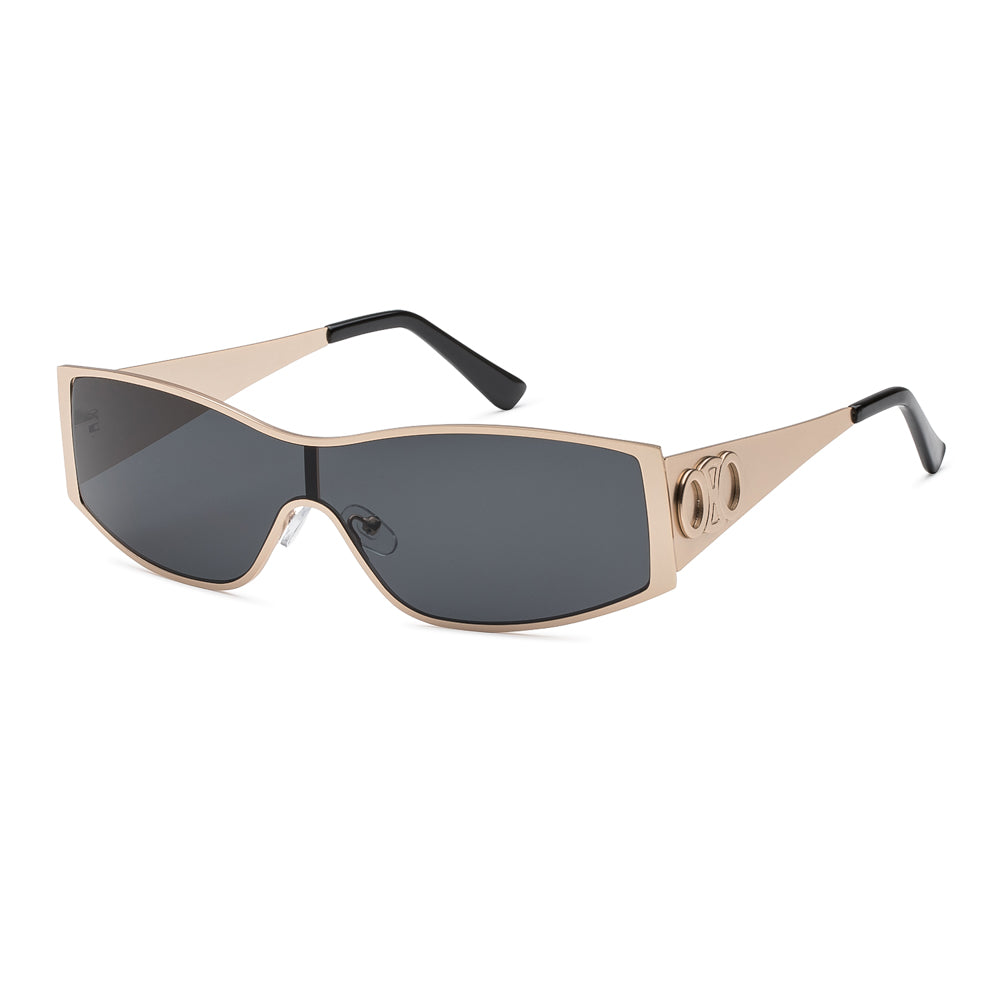 Wholesale fashion sunglasses with oversized heart novelty shield frame in black, featuring dark tinted lenses for men's fashion collection.
