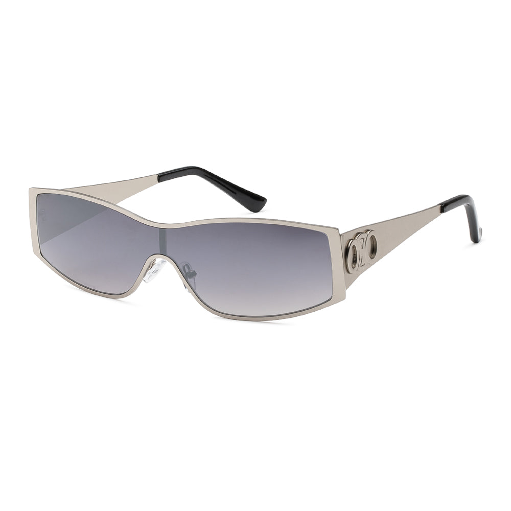 Wholesale fashion sunglasses with oversized shield frame in black, featuring heart-shaped novelty design and dark lenses.
