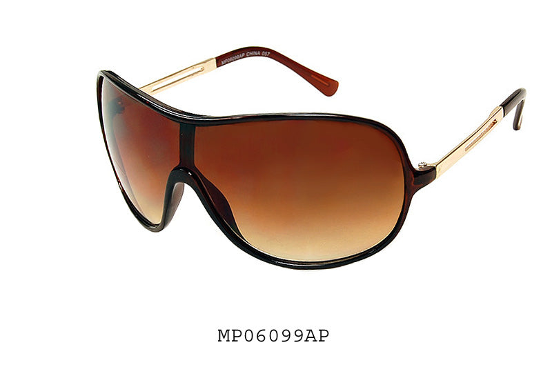 Wholesale fashion shield sunglasses with a black acetate frame and polarized lenses, available in men's and women's collections.