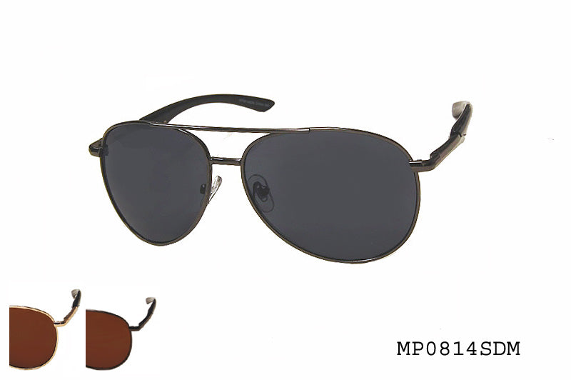 Men's wholesale fashion sunglasses with a rectangular metal frame and polarized lenses, front view.