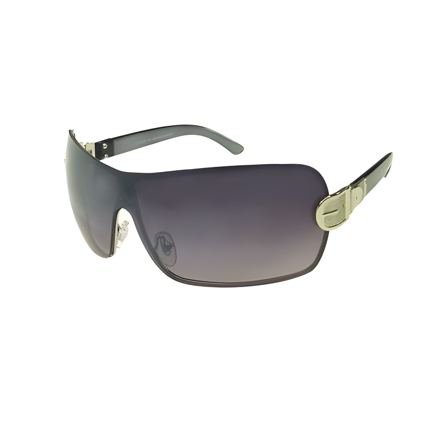 Wholesale fashion sunglasses with shield shape, featuring a sleek metal frame and dark polarized lenses for men and women.