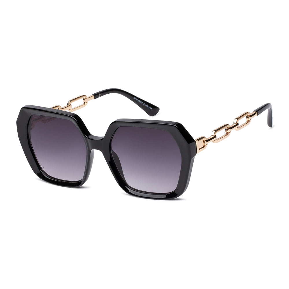 A pair of stylish sunglasses featuring a geometric design, combining mixed metal and plastic materials. The frames are likely fashionable and suitable for women's wear, reflecting current trends for March 2024.