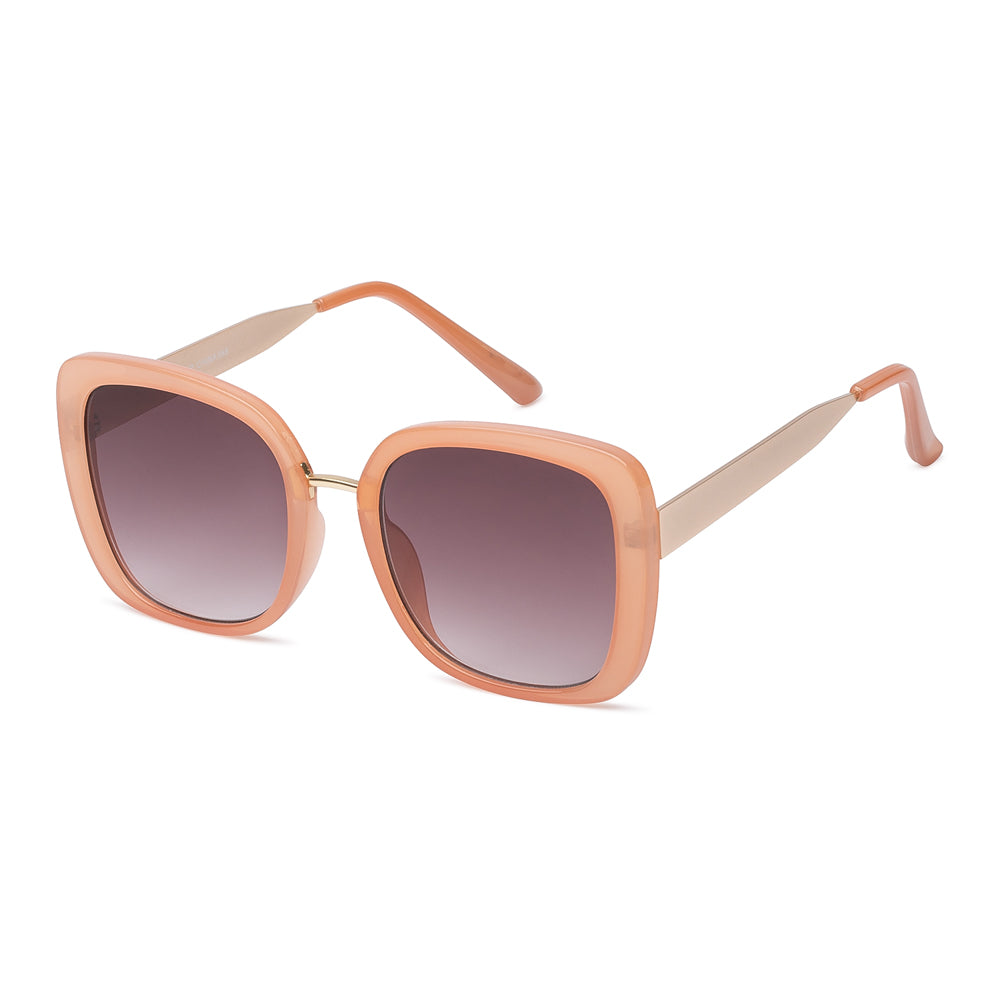 A pair of stylish square sunglasses featuring a mixed-metal and plastic design. The frame is a combination of sleek metal accents and durable plastic, suitable for ladies' fashion. The sunglasses are part of a new arrivals collection for 2024, showcasing a modern and fashionable look.