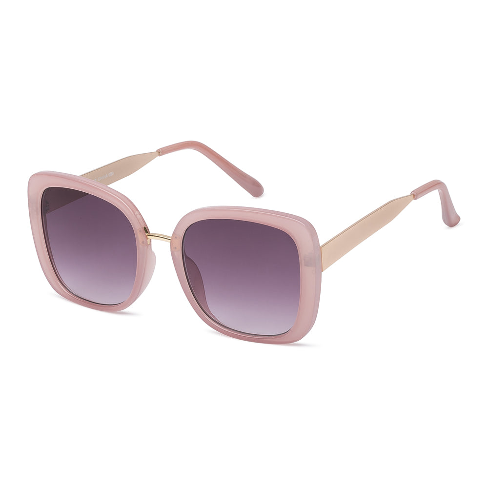 A pair of stylish sunglasses featuring a mixed-metal and plastic design, with a square frame suitable for ladies. The sunglasses have a contemporary look, embodying the latest fashion trends for 2024.