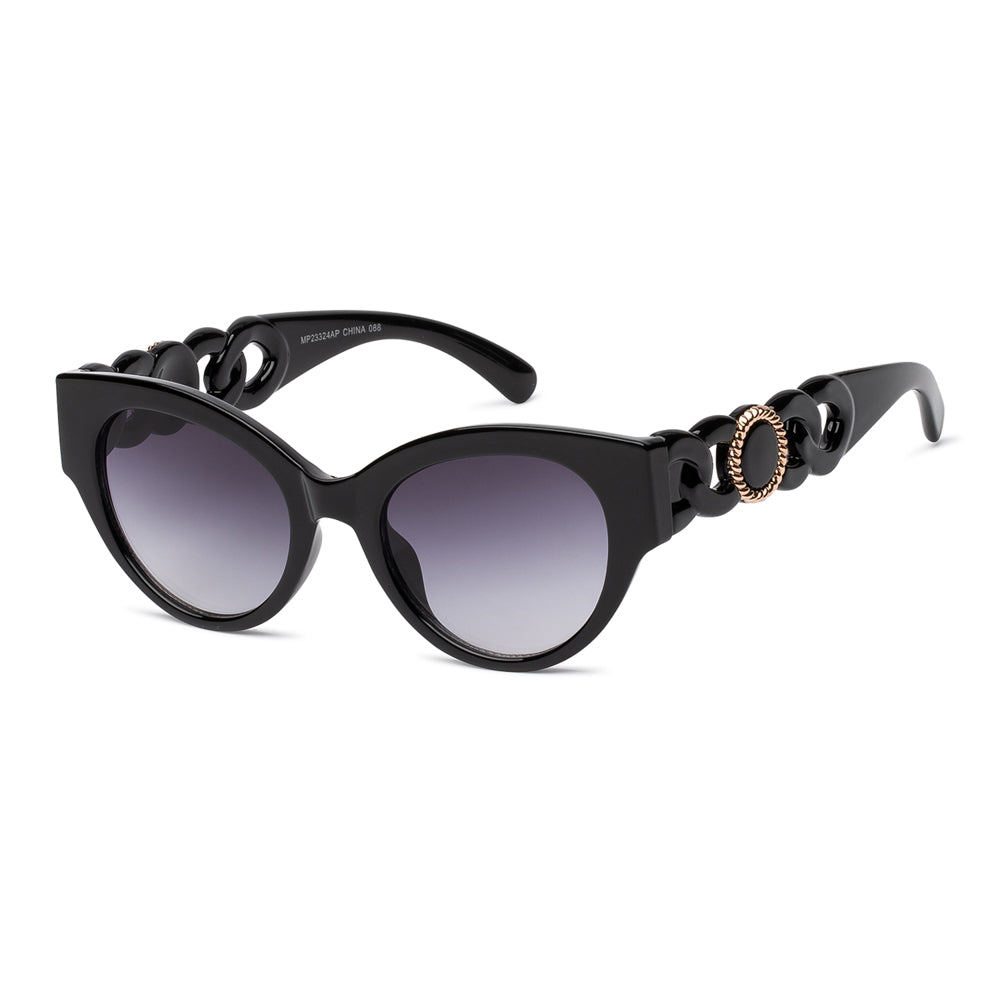 Cat-eye sunglasses with a mixed metal and plastic frame, featuring a stylish design suitable for ladies' fashion. The sunglasses are part of the new arrivals collection for April 2024.