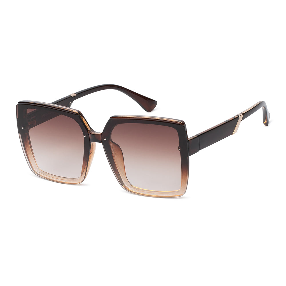 Wholesale fashion sunglasses with a wayfarer shape, black acetate frame, and dark polarized lenses, front view.