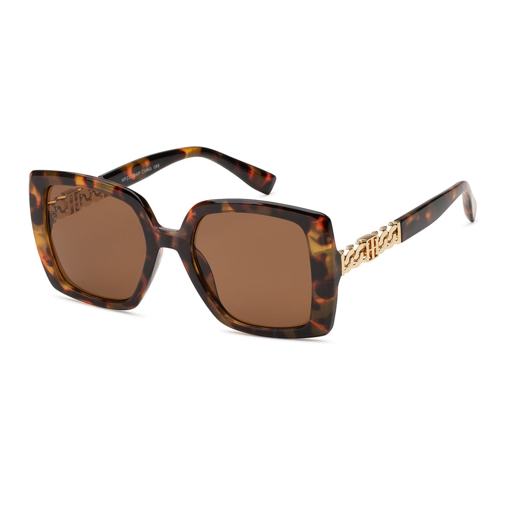 The image features a stylish pair of square sunglasses designed for women by APTCINC, model MP23739AP. The frame is a mix of metal and plastic, showcasing a modern and fashionable aesthetic. Ideal for summer wear, these sunglasses are part of the 2024 collection and reflect current trends in ladies' fashion.