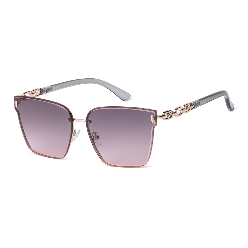 A stylish pair of cat-eye sunglasses featuring a mixed-metal and plastic design. The frames have a trendy, high-fashion look suitable for ladies. The lenses are dark, and the overall aesthetic is modern and chic, perfect for the spring and summer seasons of 2024.