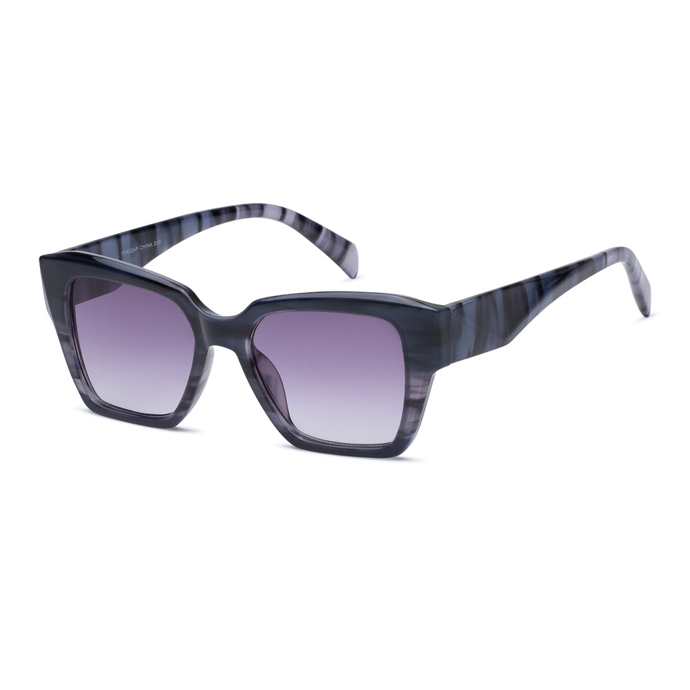 Women's polarized fashion sunglasses with round acetate frame in tortoiseshell and gradient brown lenses, side view.
