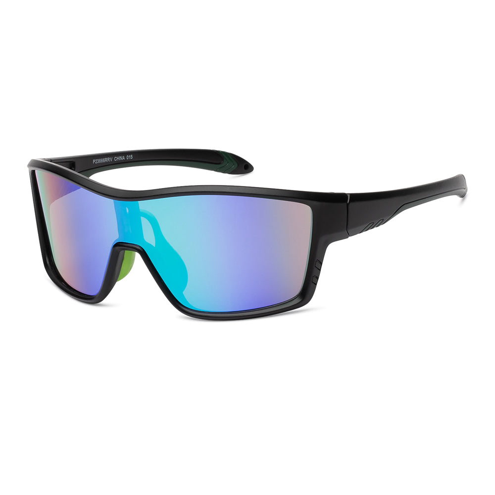 A pair of stylish men's sunglasses featuring a shield design with a wraparound style. The frame is made of plastic and has a modern look, making it a trendy accessory for the spring of 2024.
