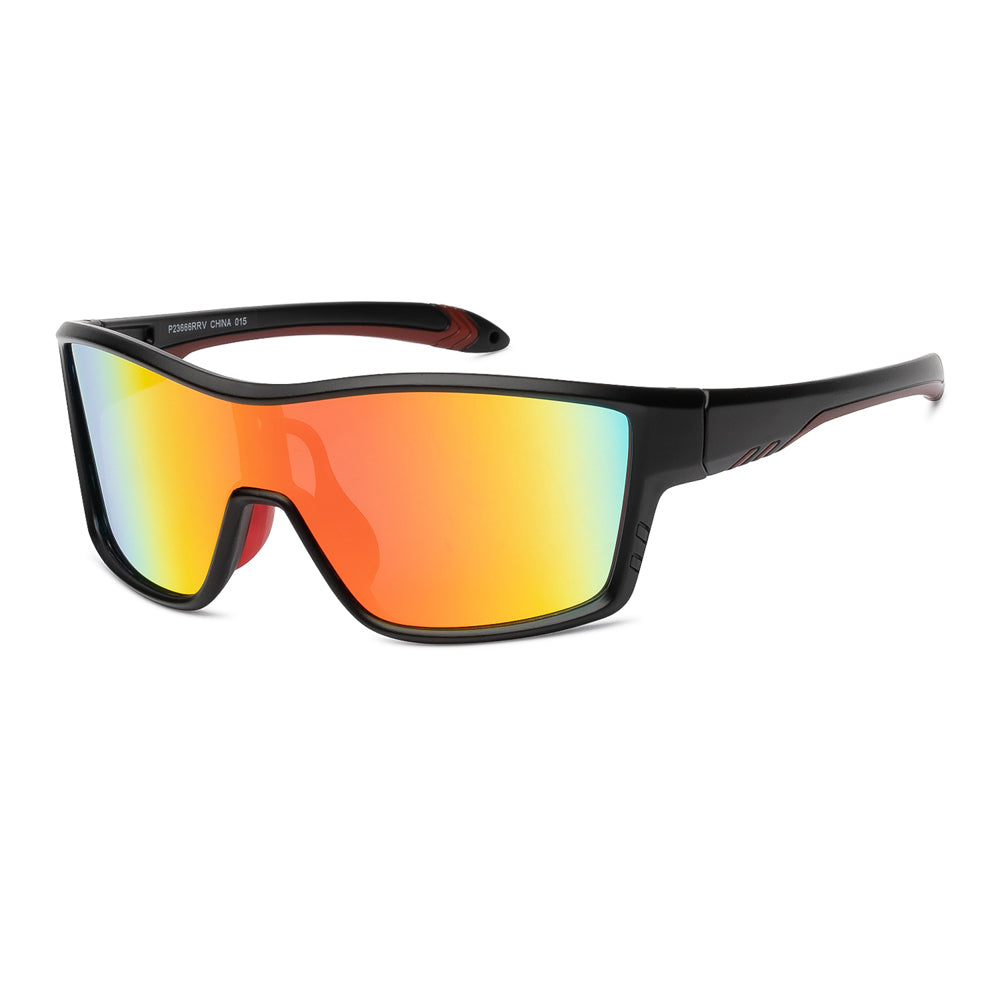 A pair of stylish men's sunglasses featuring a wrap-around design and shield lens. The frame is made of plastic and showcases a modern aesthetic suitable for fashion-forward individuals. The sunglasses are part of the 2024 collection and are labeled as a new arrival.
