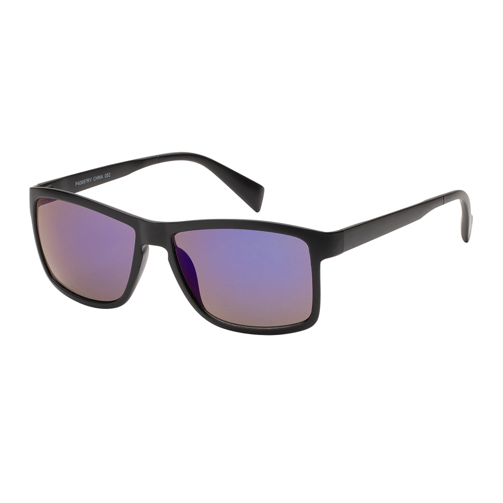 A pair of stylish sunglasses featuring a black plastic frame with a tortoiseshell accent. The lenses have a reflective, revo finish, making them eye-catching and fashionable. Suitable for both men and women, these sunglasses are part of a collection designed for contemporary style.