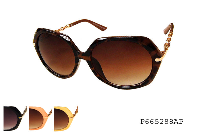Women's wholesale fashion sunglasses with a round acetate frame in tortoiseshell, featuring polarized lenses and metal temples.