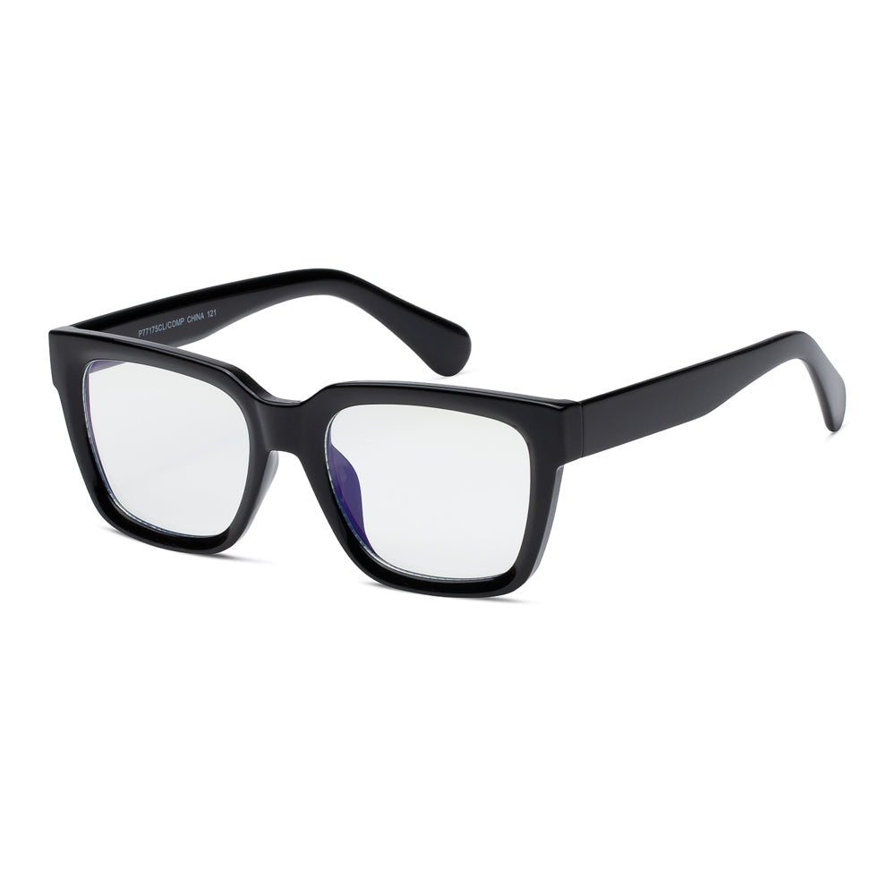 Front view of wholesale computer glasses with a rectangular acetate frame in black, featuring clear lenses designed for screen use.