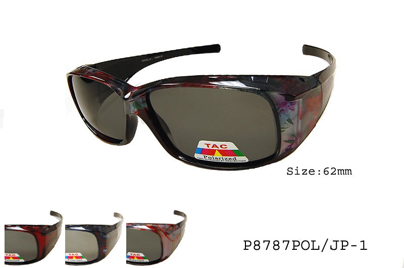 FITOVER P8787POL/JP-1 sunglasses by APTCINC, designed for both ladies and men. The sunglasses feature a classic fitover style, polarized lenses for reduced glare, and a unisex design. The frame is stylish and practical, suitable for various outdoor activities.
