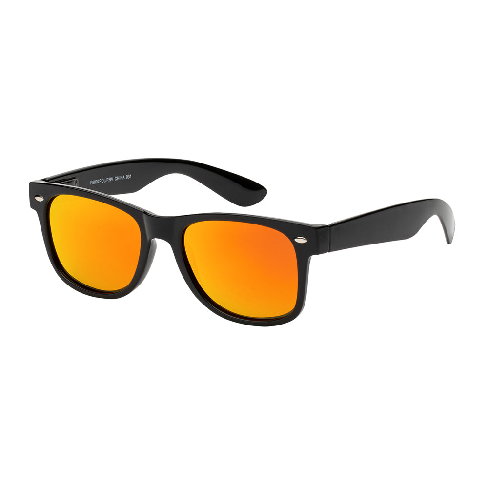 Front view of wholesale polarized sunglasses with a rectangular frame in black, featuring dark lenses and metal temples.