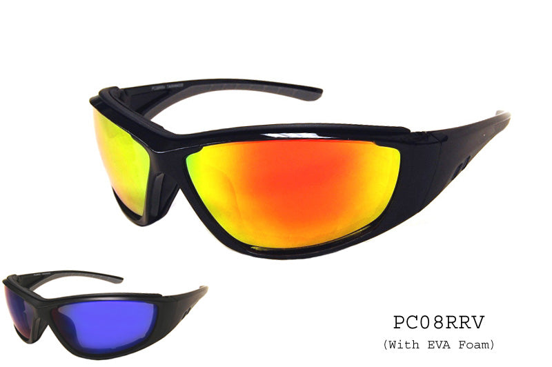A pair of sporty sunglasses with a sleek design, featuring a dark frame and tinted lenses. The sunglasses are designed for men's use, suitable for outdoor activities and sports. The product is labeled as the PC08RRV model by APTCINC, part of their sunglass collection.