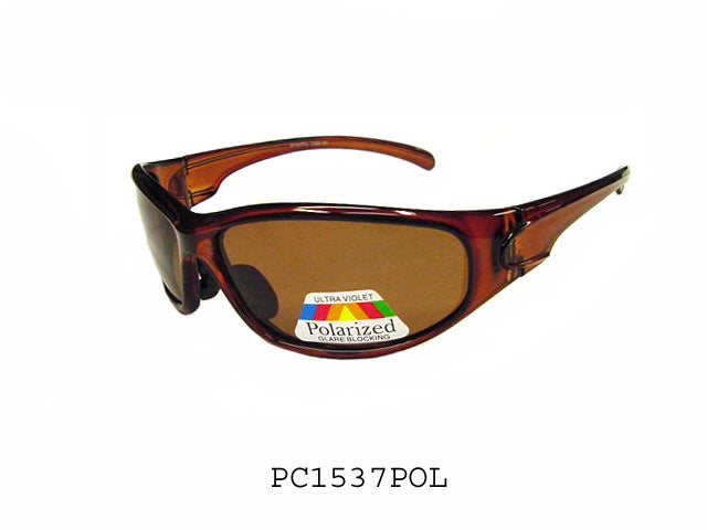 A pair of stylish, wrap-around polarized sunglasses designed for both men and women. The frame is sleek and modern, suitable for outdoor activities. The lenses are dark, providing UV protection and reducing glare. The product is part of a promotional collection, featuring a contemporary design that emphasizes comfort and performance.