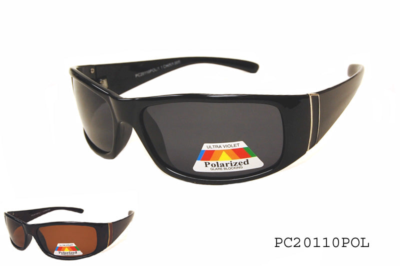 A pair of men's polarized sunglasses with a sleek design, featuring dark lenses and a sturdy frame. The sunglasses are part of APTCINC's collection, model PC20110POL/1.1. The style is modern and suitable for outdoor activities.