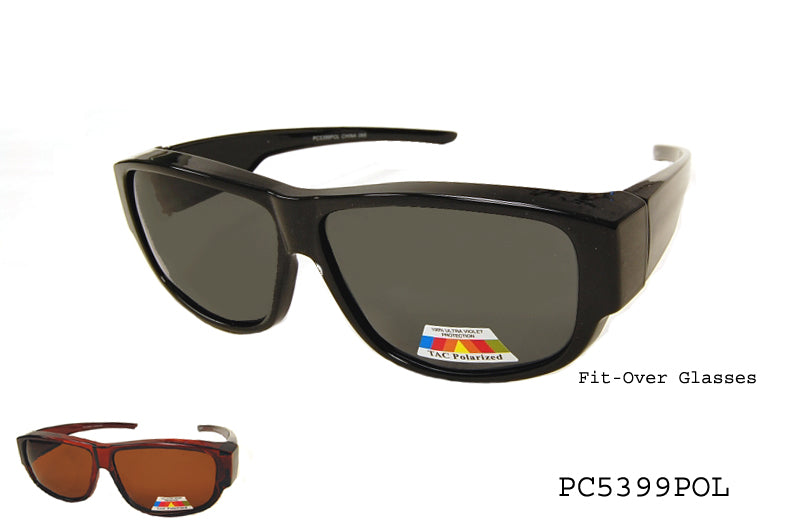 A pair of stylish FITOVER sunglasses designed for both men and women. The sunglasses feature a classic design, with a polarized lens for enhanced glare reduction. They are intended to fit over prescription eyewear. The frame has a sleek finish, suitable for casual and outdoor wear.