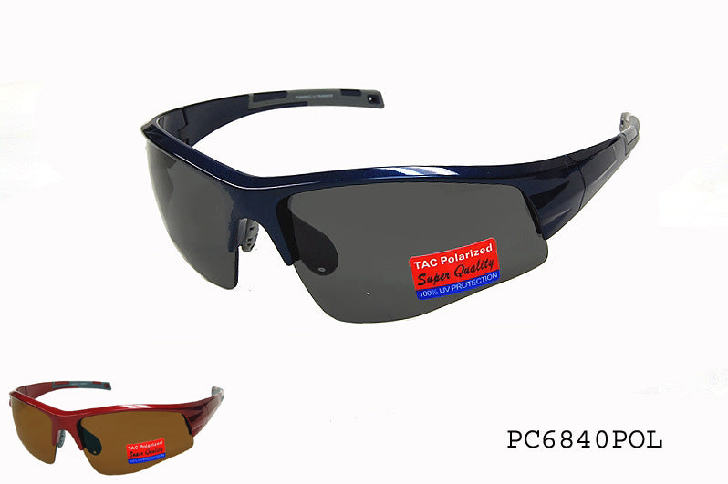 Sleek, modern sunglasses featuring a stylish frame design, labeled as POLARIZED | PC6840POL/1.0 by APTCINC. The lenses are polarized, enhancing visual clarity and reducing glare. Ideal for outdoor activities, they reflect a trendy aesthetic suitable for the 2023 sunglass collection.