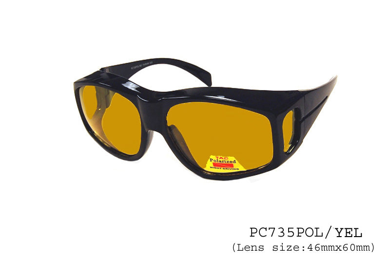 A pair of FITOVER sunglasses featuring a classic style with a yellow and black color scheme. The frames are designed to fit over prescription eyewear, catering to both ladies and men. These polarized sunglasses are suitable for unisex use.
