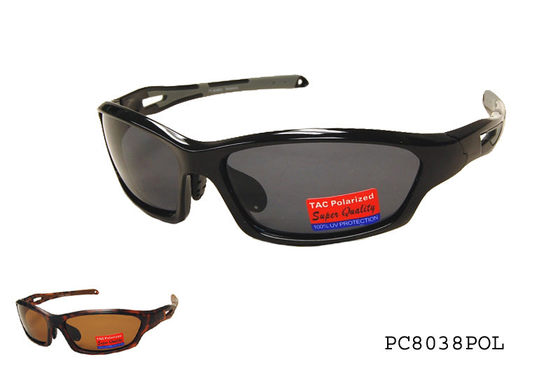 A pair of stylish polarized sunglasses from APTCINC, model PC8038POL. The frame features a sleek design suitable for sports and outdoor activities, with dark lenses that provide UV protection. The sunglasses are designed for men and showcase a modern aesthetic, perfect for casual or active wear.
