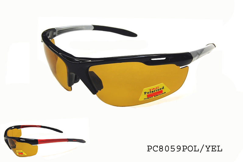 Sunglasses featuring a sleek design with polarized lenses and a yellow frame, ideal for men's fashion. The model number is PC8059POL/YEL, and the sunglasses are part of a collection by APTCINC, dated 2019.