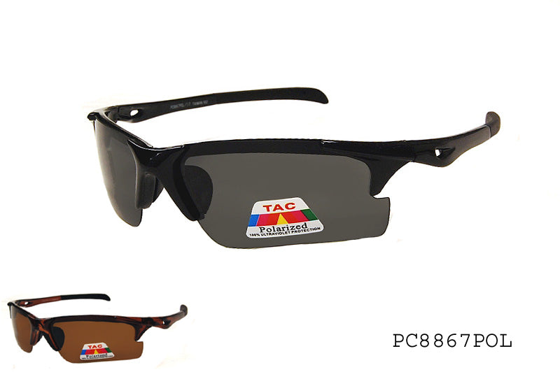 A pair of stylish men's polarized sunglasses featuring a sleek design, dark lenses, and a sturdy frame. The sunglasses are ideal for sports and outdoor activities, emphasizing both functionality and fashion.