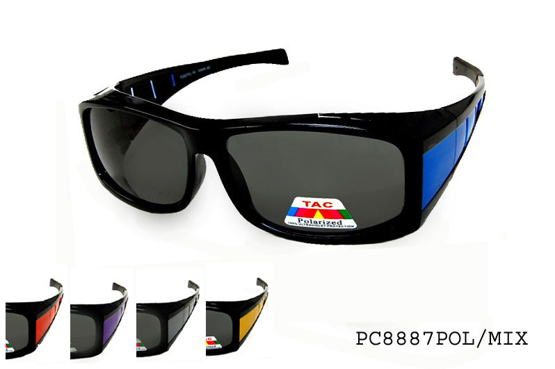 FITOVER sunglasses model PC8887POL/MX by APTCINC, featuring a classic design suitable for both men and women. The sunglasses are polarized, enhancing visual clarity and reducing glare. They have a unisex fit, making them versatile for various face shapes. The frame is stylish and functional, ideal for outdoor activities.