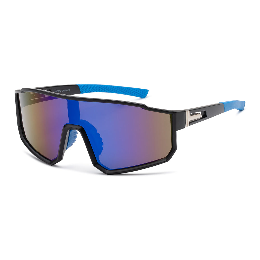 Men's wholesale fashion shield sunglasses with a sleek black frame and mirrored lenses, part of new arrivals.