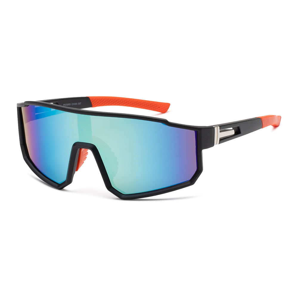 Men's shield sunglasses with a sleek metal frame and mirrored lenses, part of Asia Pacific Glasses' wholesale fashion sunglasses collection.