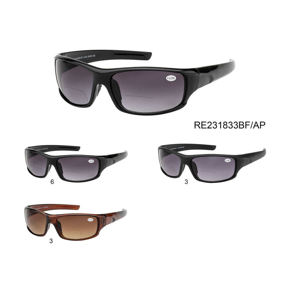 
                  
                    A pair of black tinted bifocal reader sunglasses with a wraparound design, made of plastic, intended for men. The sunglasses feature a bifocal lens for reading and have a modern look suitable for outdoor use.
                  
                