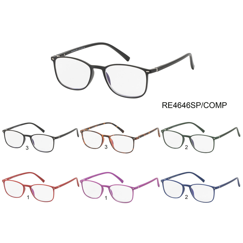 A pair of stylish reader sunglasses designed for computer use, featuring a sleek plastic frame. The lenses are optimized for reading and screen use, providing comfort and clarity. The product is labeled with the model name RE4646SP/COMP by APTCINC, and it is associated with a promotional tag for a discount during the Black Friday Cyber Monday event in 2023.