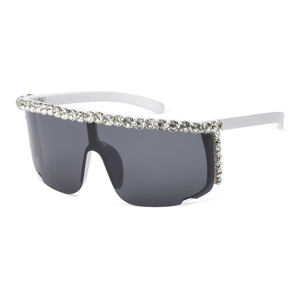 A stylish pair of sunglasses featuring a shield design and adorned with rhinestones. The frames are sleek and modern, ideal for ladies' fashion. These sunglasses are part of the new arrivals collection for May 2024.