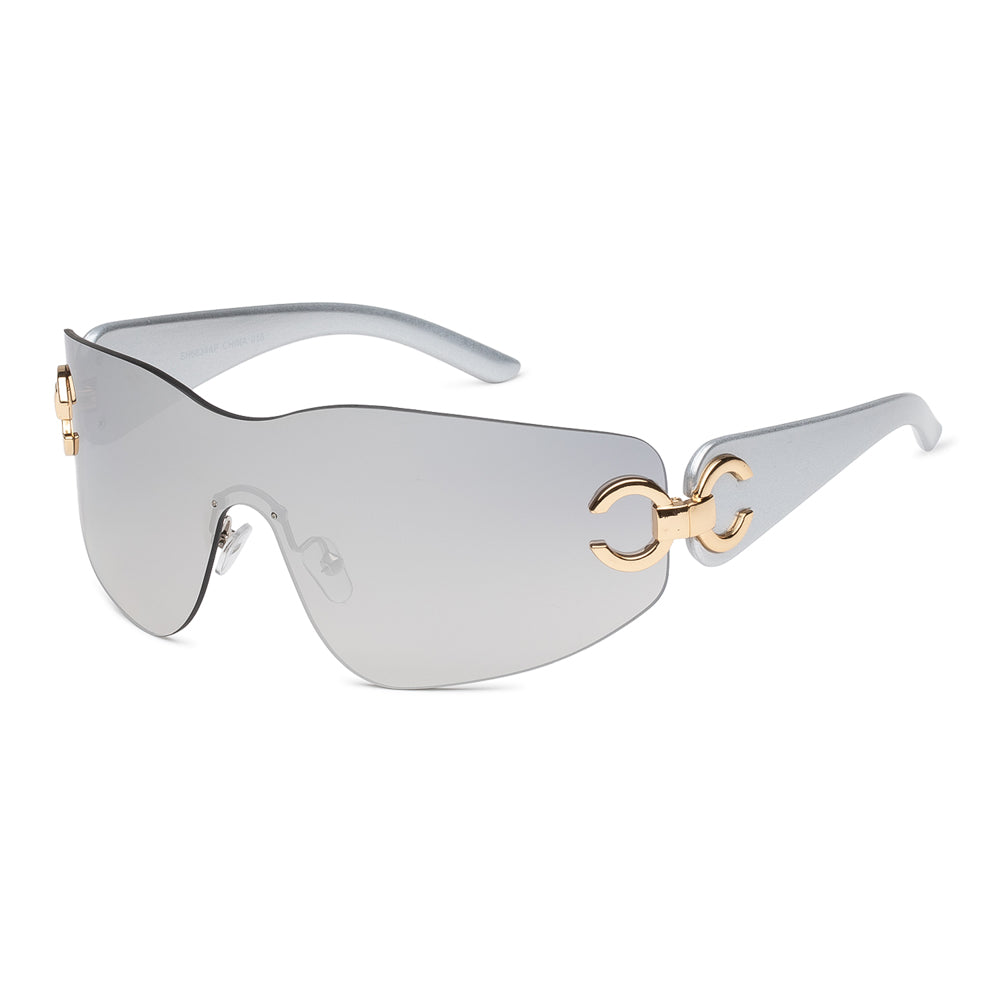 A stylish pair of sunglasses featuring a mixed-metal and plastic design, characterized by a bold shield shape. The frames are sleek and modern, appealing to the latest fashion trends for ladies. Ideal for the 2024 collection, these sunglasses are highlighted as a best seller.