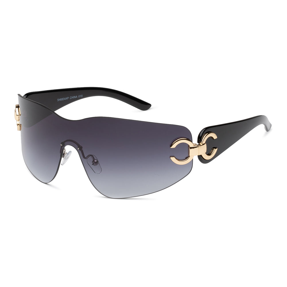 A stylish pair of mixed-metal and plastic sunglasses featuring a shield design, part of the SH6834AP model by APTCINC. The frame has a modern aesthetic suitable for ladies' fashion, highlighted as a best seller for 2024. The sunglasses are likely to be featured in new arrivals and are designed for a high-fashion look.