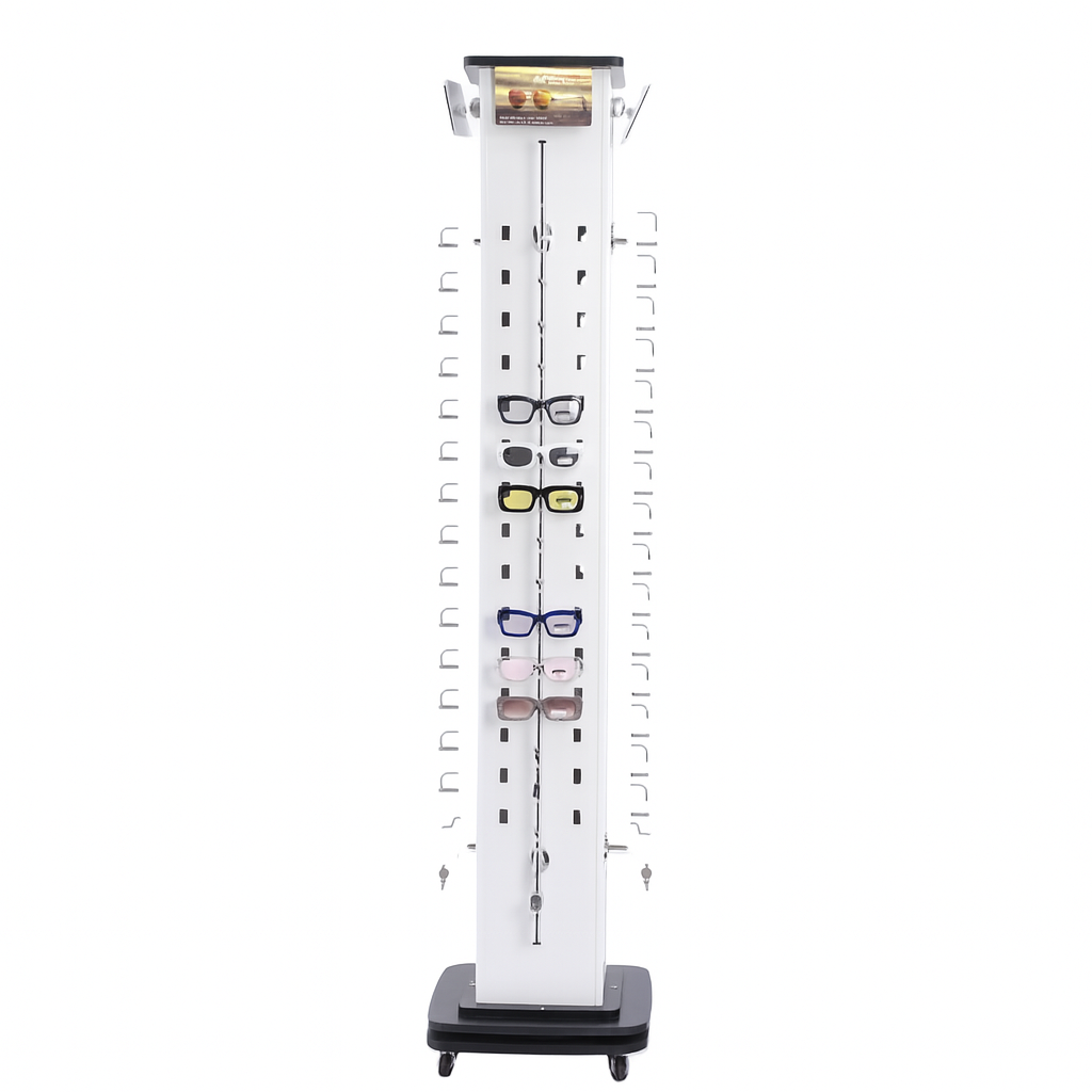 Wholesale sunglass floor display stand with multiple tiers, designed for showcasing eyewear collections in retail settings.