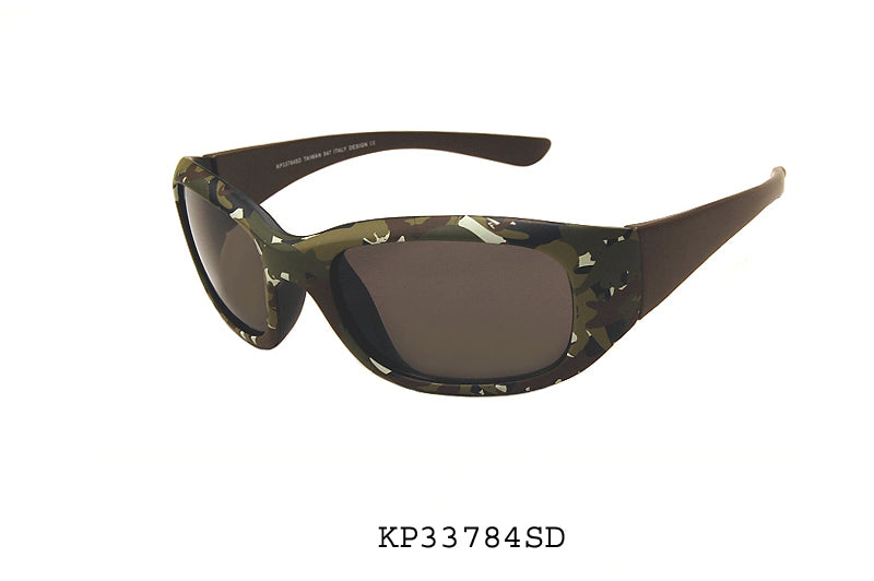 A pair of stylish sunglasses designed for boys, featuring a wrap-around style. The frame is likely colorful and playful, suitable for kids. The product is part of a sunglasses collection and has been restocked, with a focus on trendy designs for young boys.