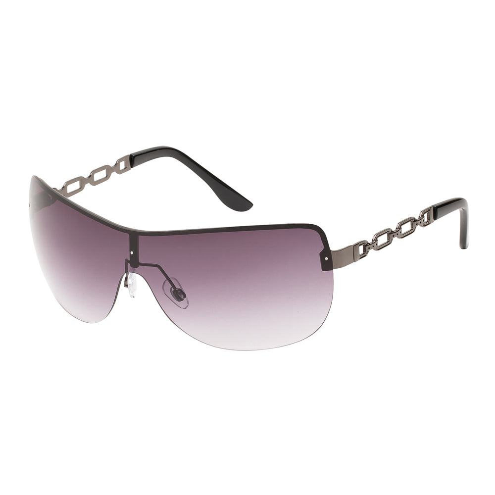 A stylish pair of sunglasses featuring a shield design with a metallic frame. The lenses are dark, offering a sleek and modern look, suitable for ladies' fashion. The sunglasses are part of a new arrivals collection for 2023, reflecting current trends.